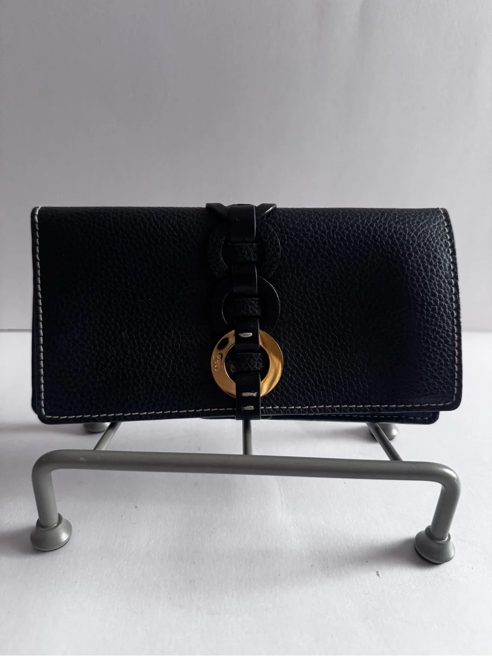 Chloe Black  Leather Clutch with Gold Ring Detail